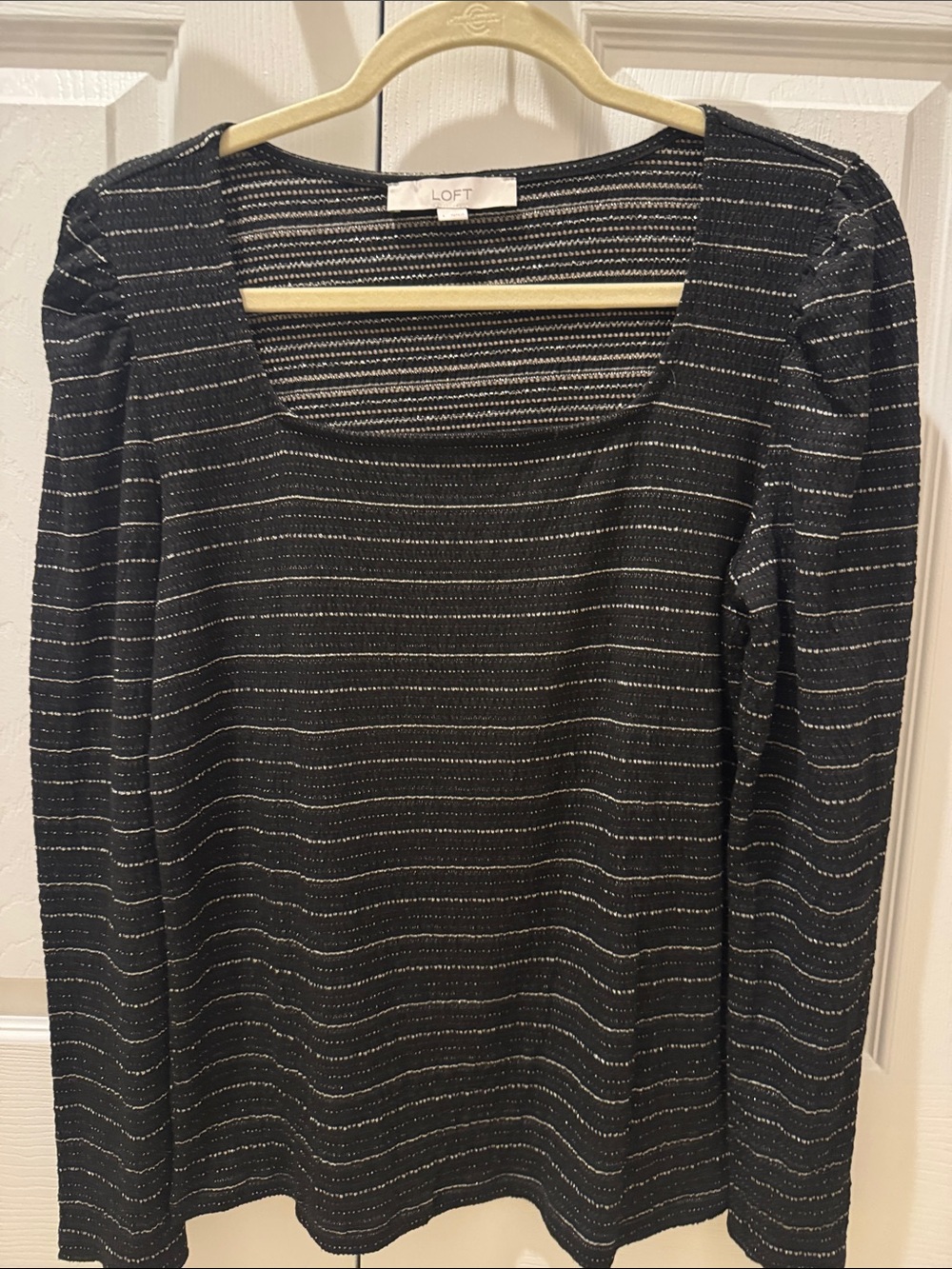 LOFT Black Top with Silver Metallic Stripe Scoop Neck